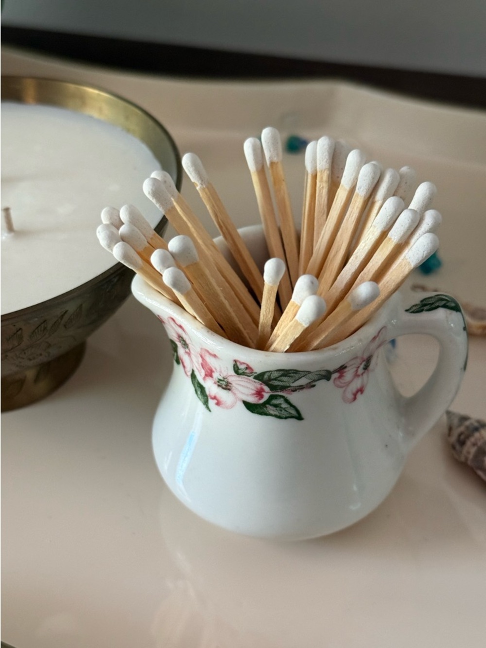 Pink Dogwood Floral Ceramic Matchstick Holder with Striker